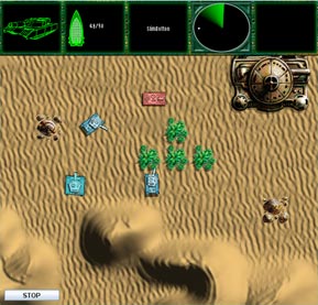 Battlefield 2: Rogue Battalions gameplay, a top-down tank on rippled sand with a green wireframe heads-up display and radar dome