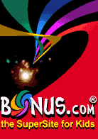 The Bonus.com logo, a rainbow swoosh over a dark background with the wordmark BONUS.com and the tagline the SuperSite for Kids