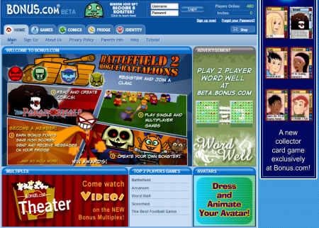 The Bonus.com homepage in 2007, showing the blue navigation bar, the Battlefield 2: Rogue Battalions hero panel, and boxes for Multiplex, Top 2 players games and Avatars